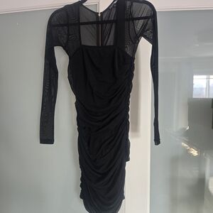 Fashion Nova Black Mesh Long Sleeve Ruched Bodycon Dress